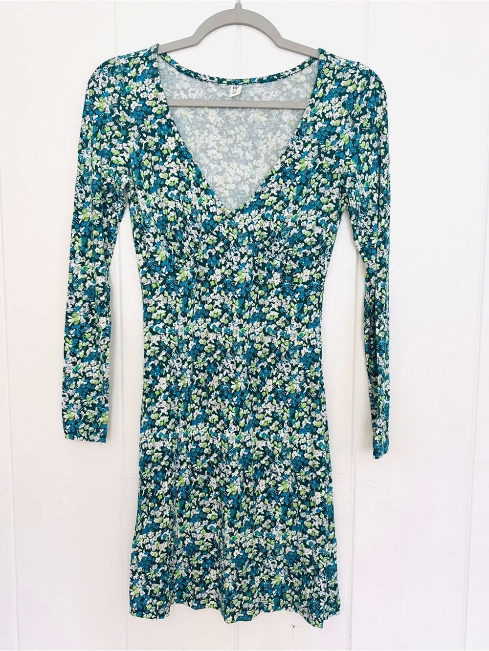 bp Teal Floral V-Neck Long Sleeve Dress